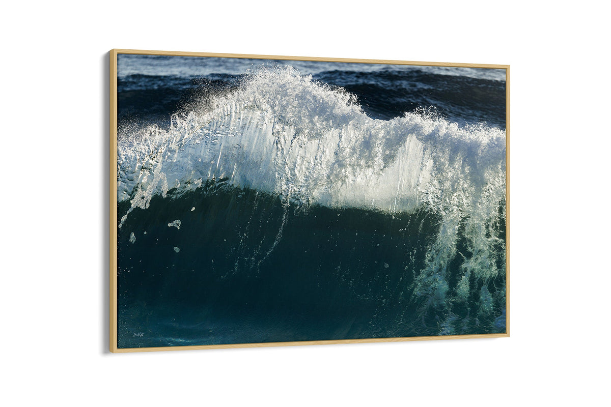 Glacier Crest print shown as a canvas in an oak float frame.
