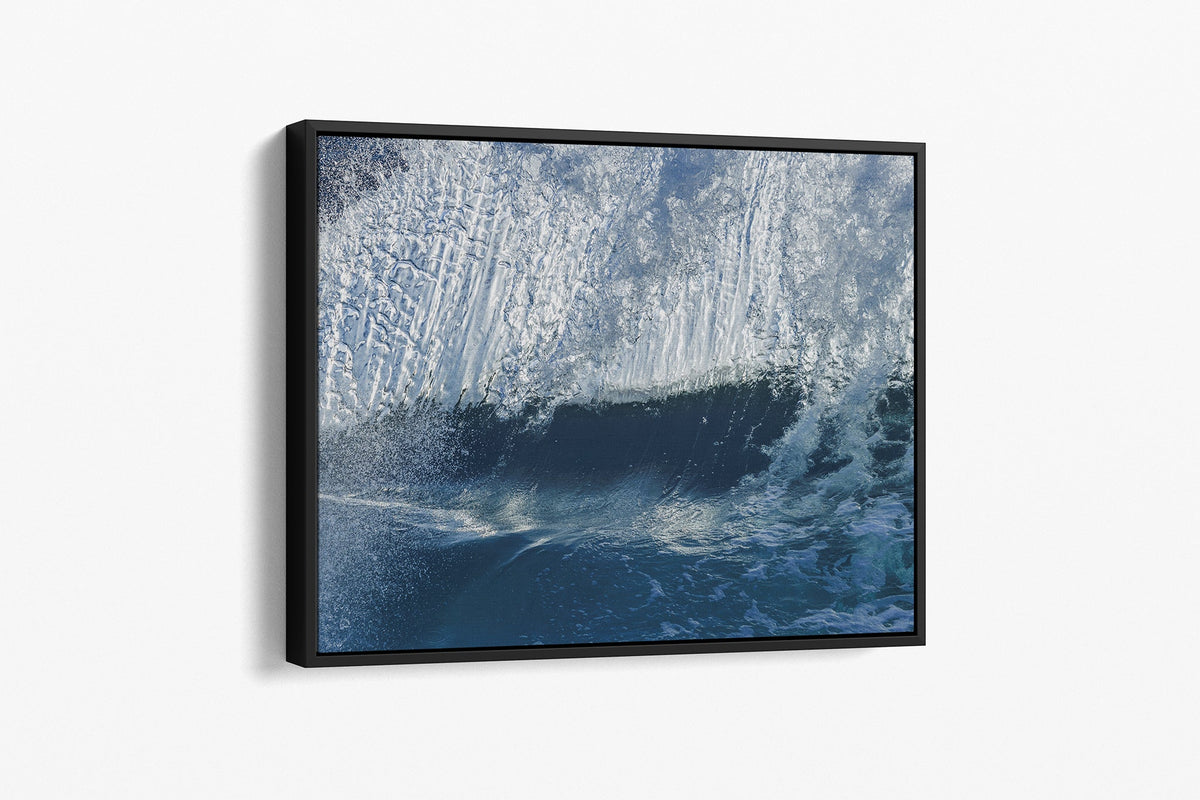 Ice Cascade print shown as a canvas in a black float frame.