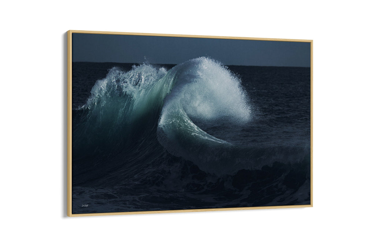 Moonlit Curl print shown as a canvas in an oak float frame.