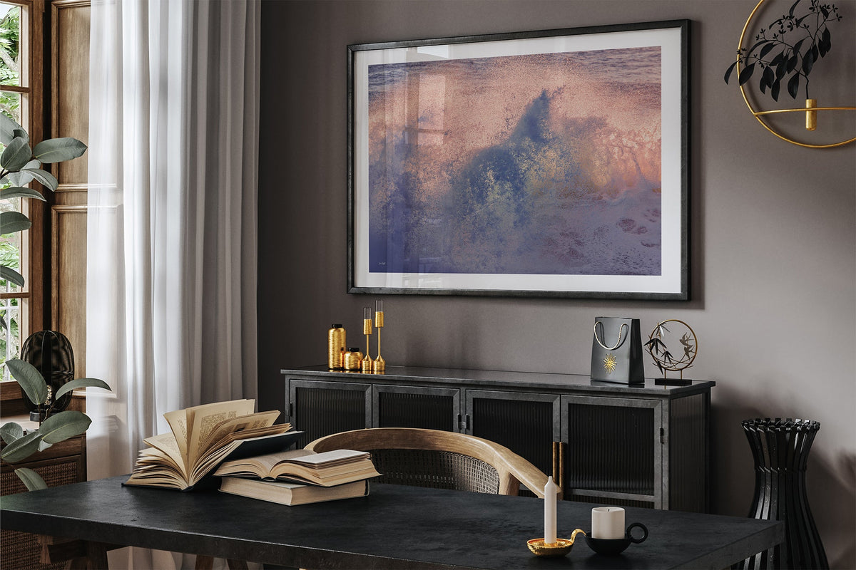 Dusk Burst print shown framed in black in a dark room.