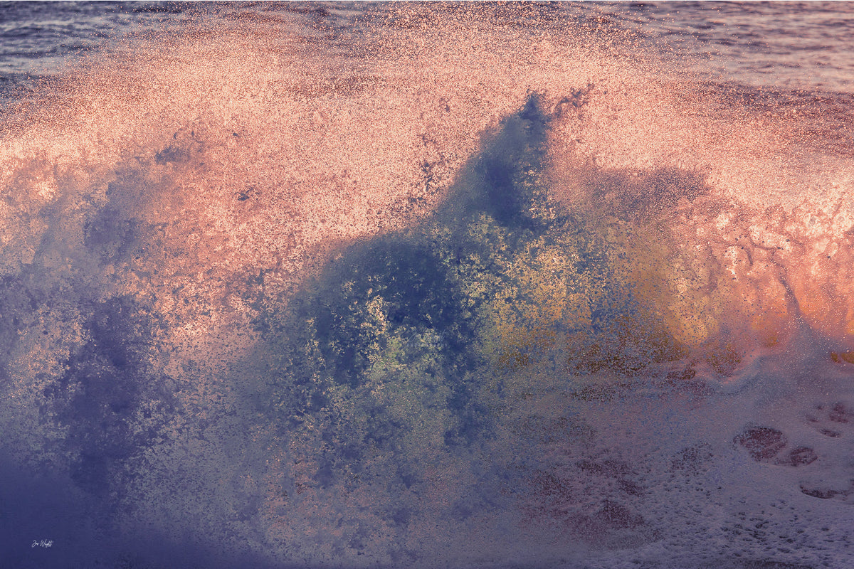Pink, peach and gold spray bursting across the frame with patches of deep blue and violet, an abstract ocean wall print.
