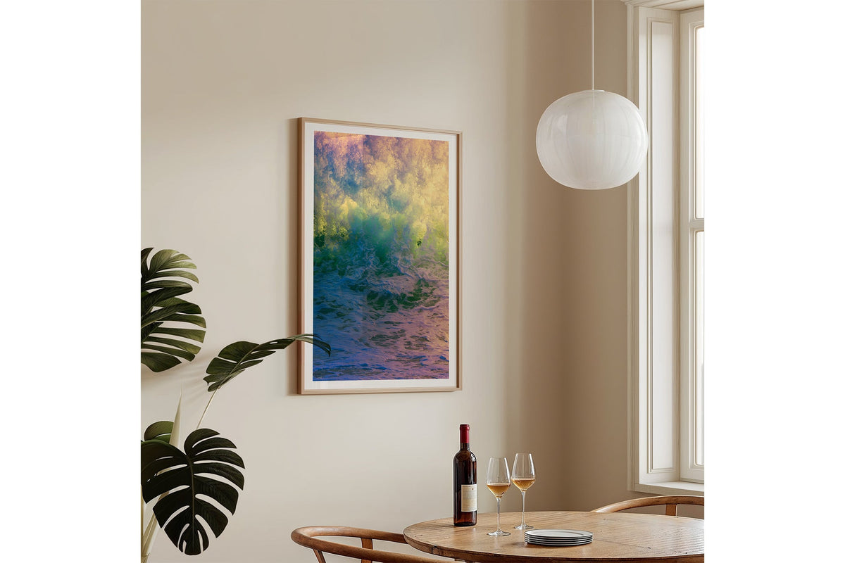 Happy Face print shown framed in oak on a wall.