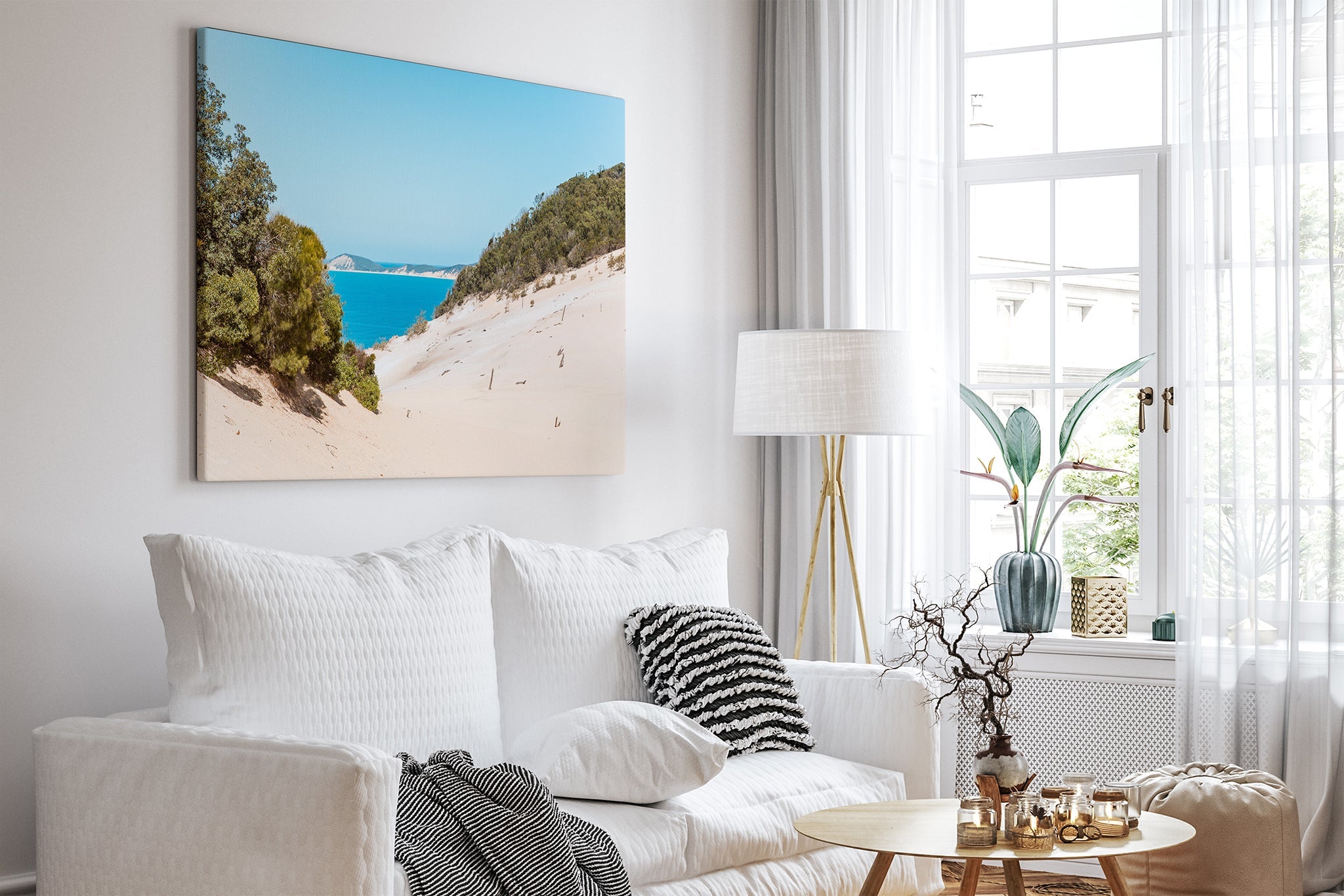 Rainbow Beach dune print shown as a canvas in a bright white living room.
