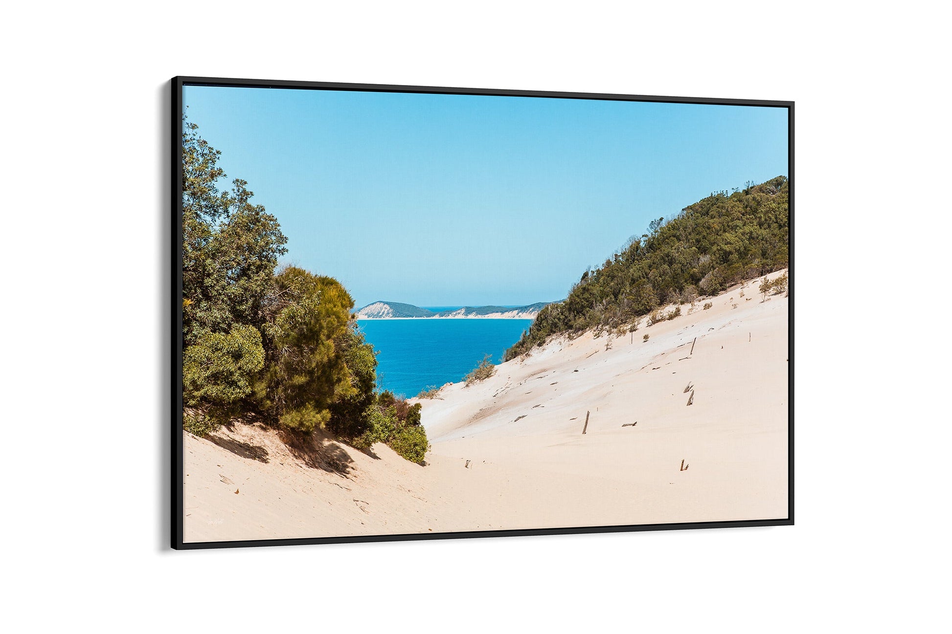 Rainbow Beach dune print shown as a black float frame canvas.