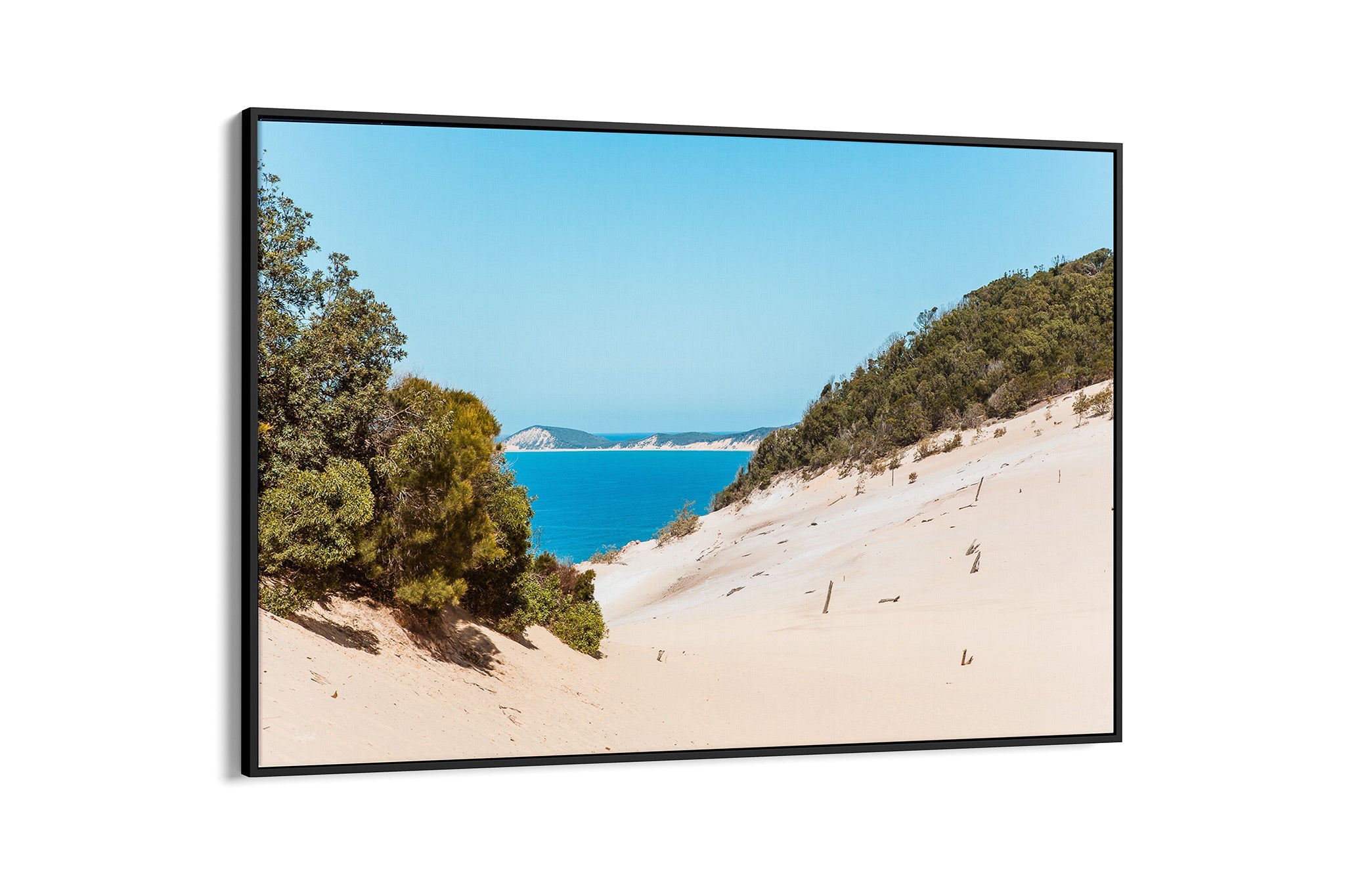 Rainbow Beach dune print shown as a black float frame canvas.