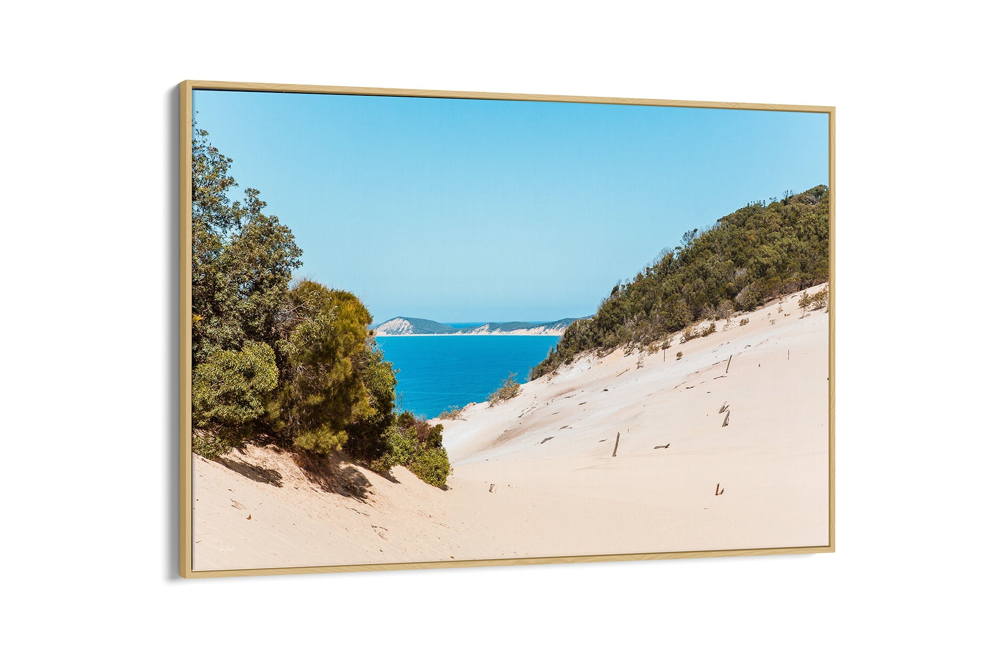 Rainbow Beach dune print shown as an oak float frame canvas.