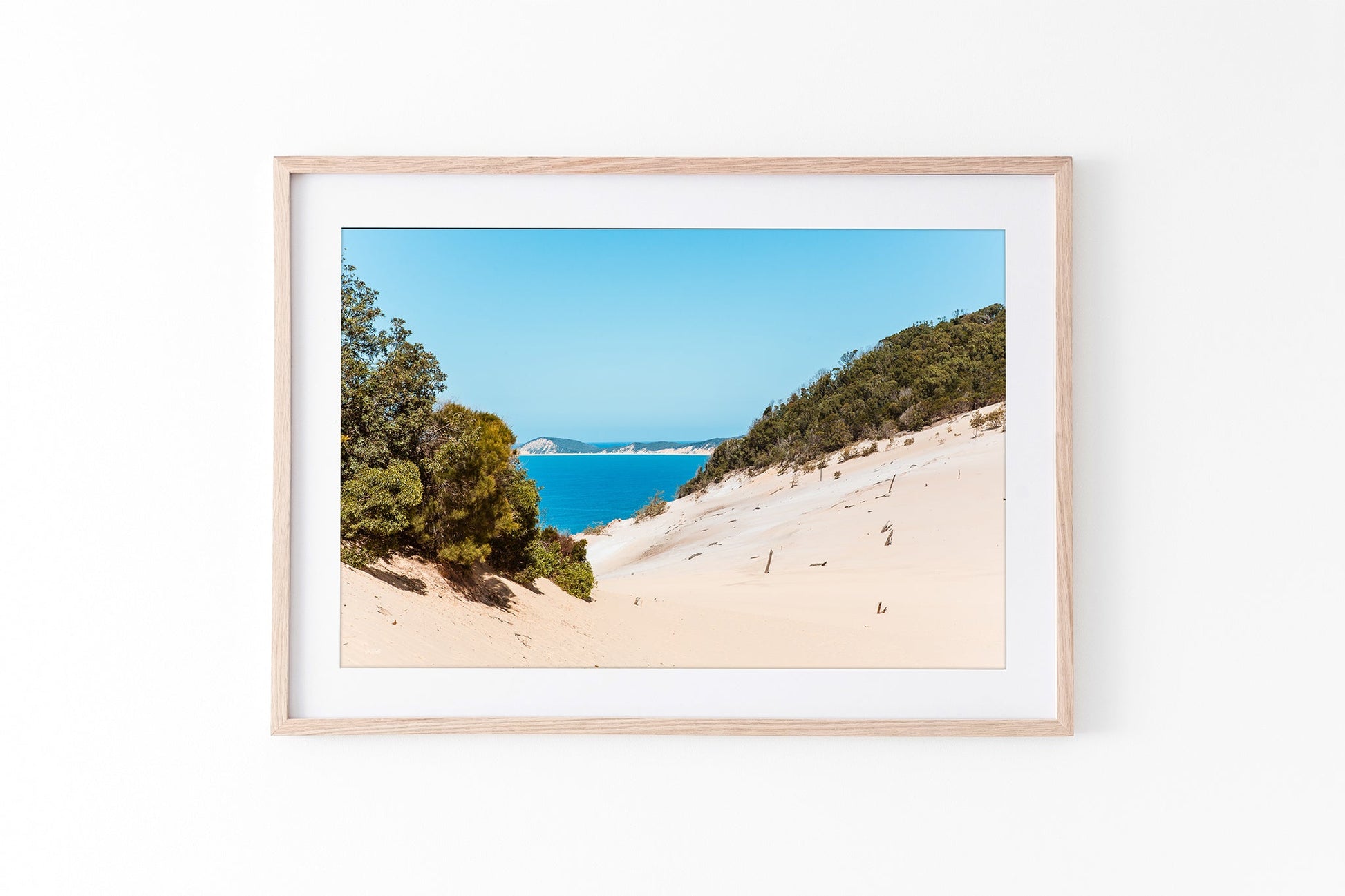 Rainbow Beach dune print shown framed in oak.