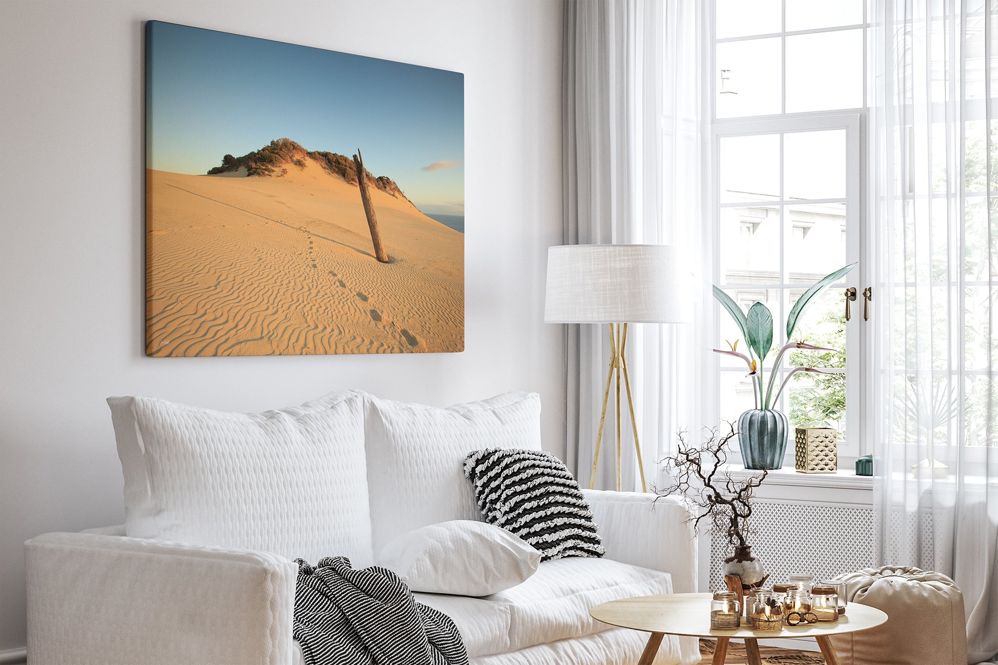Rainbow Beach dune print shown as a canvas in a bright white living room.