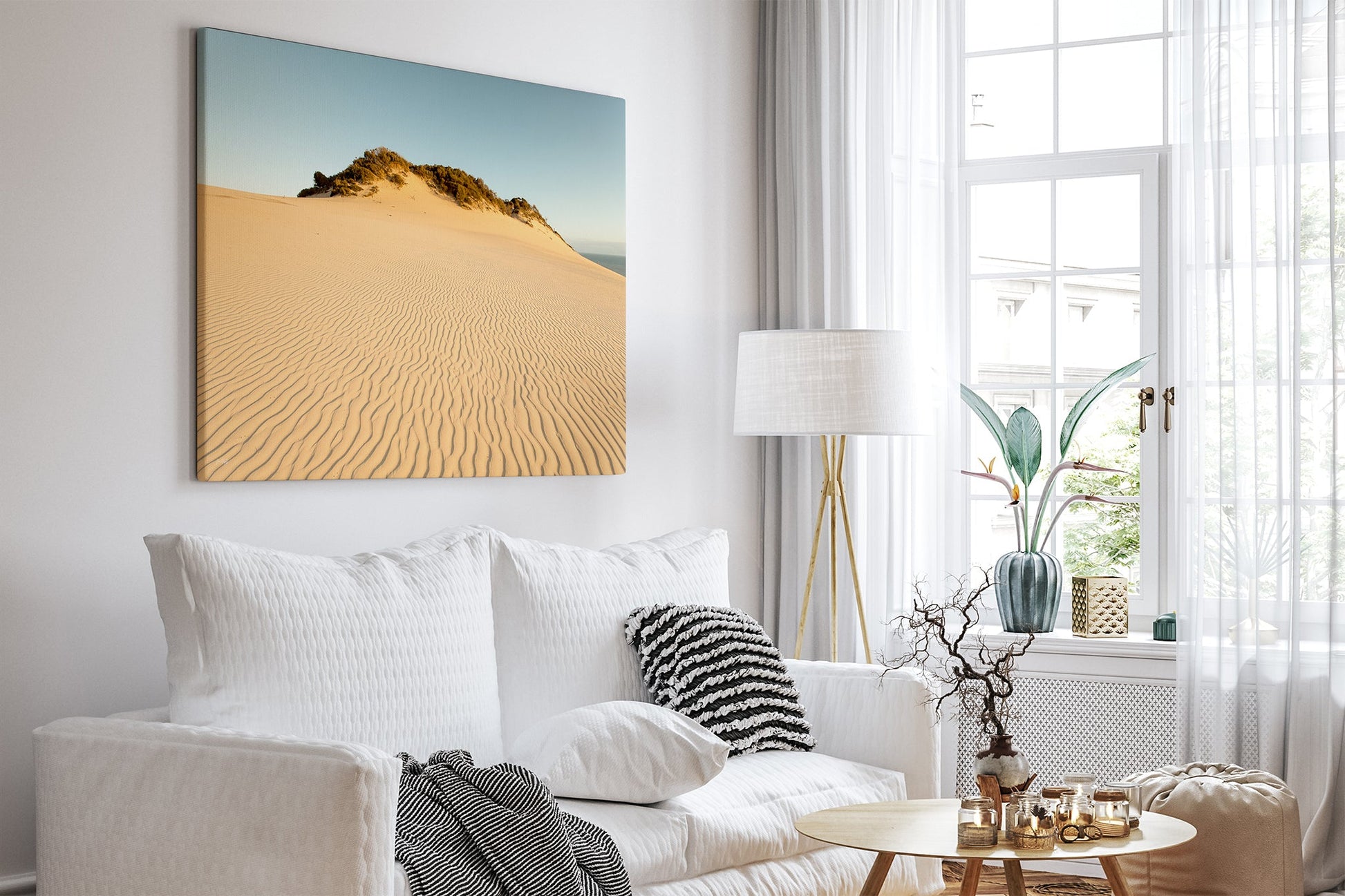 Rainbow Beach golden dunes print shown as a canvas in a bright white living room.