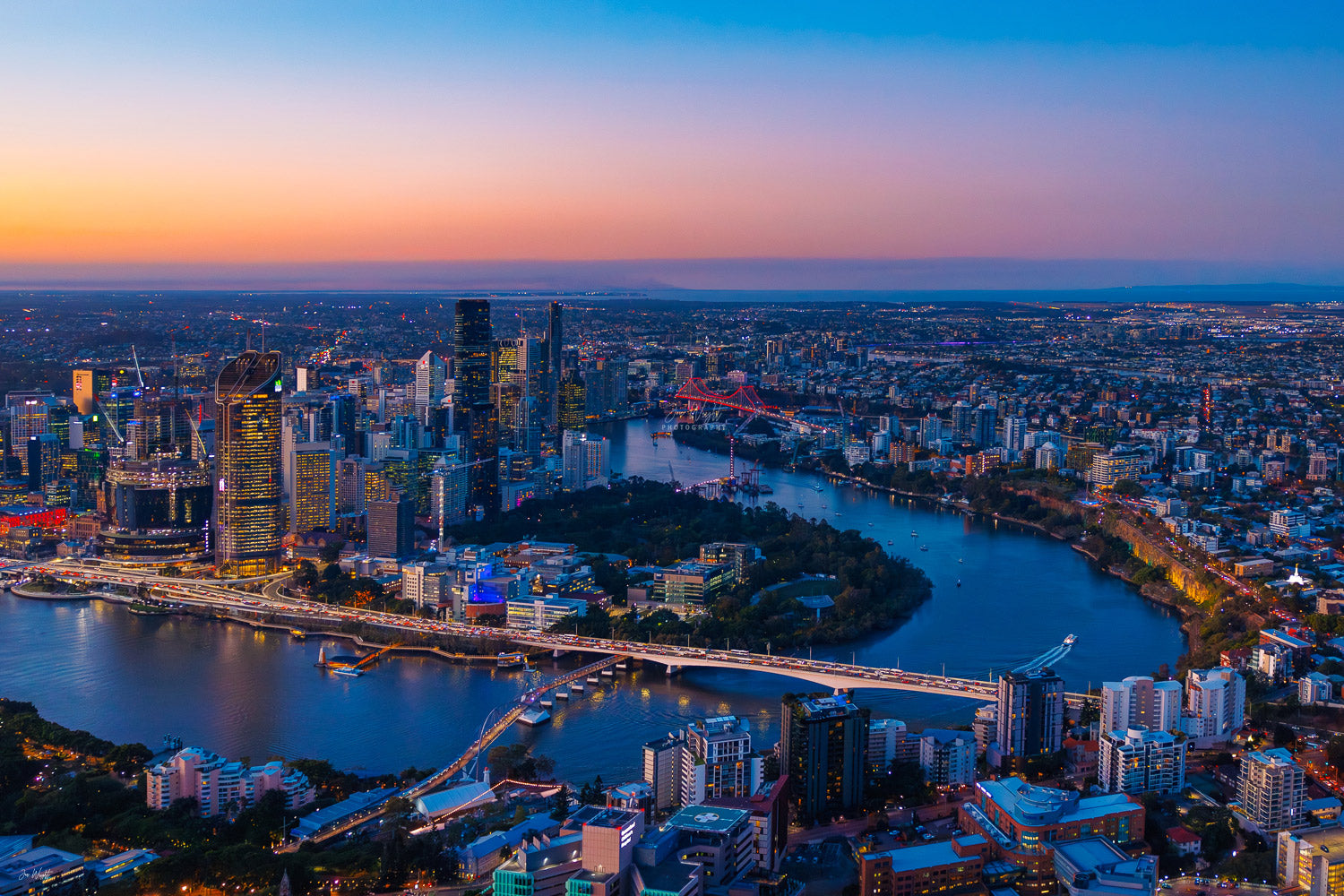 Brisbane City Aerial Print Sunset Kangaroo Point