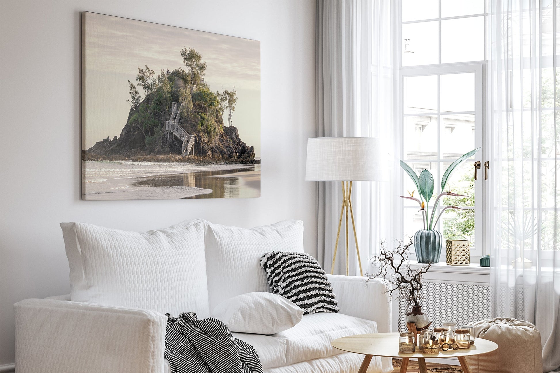 Golden Headland print shown as a canvas print in a white toned room.