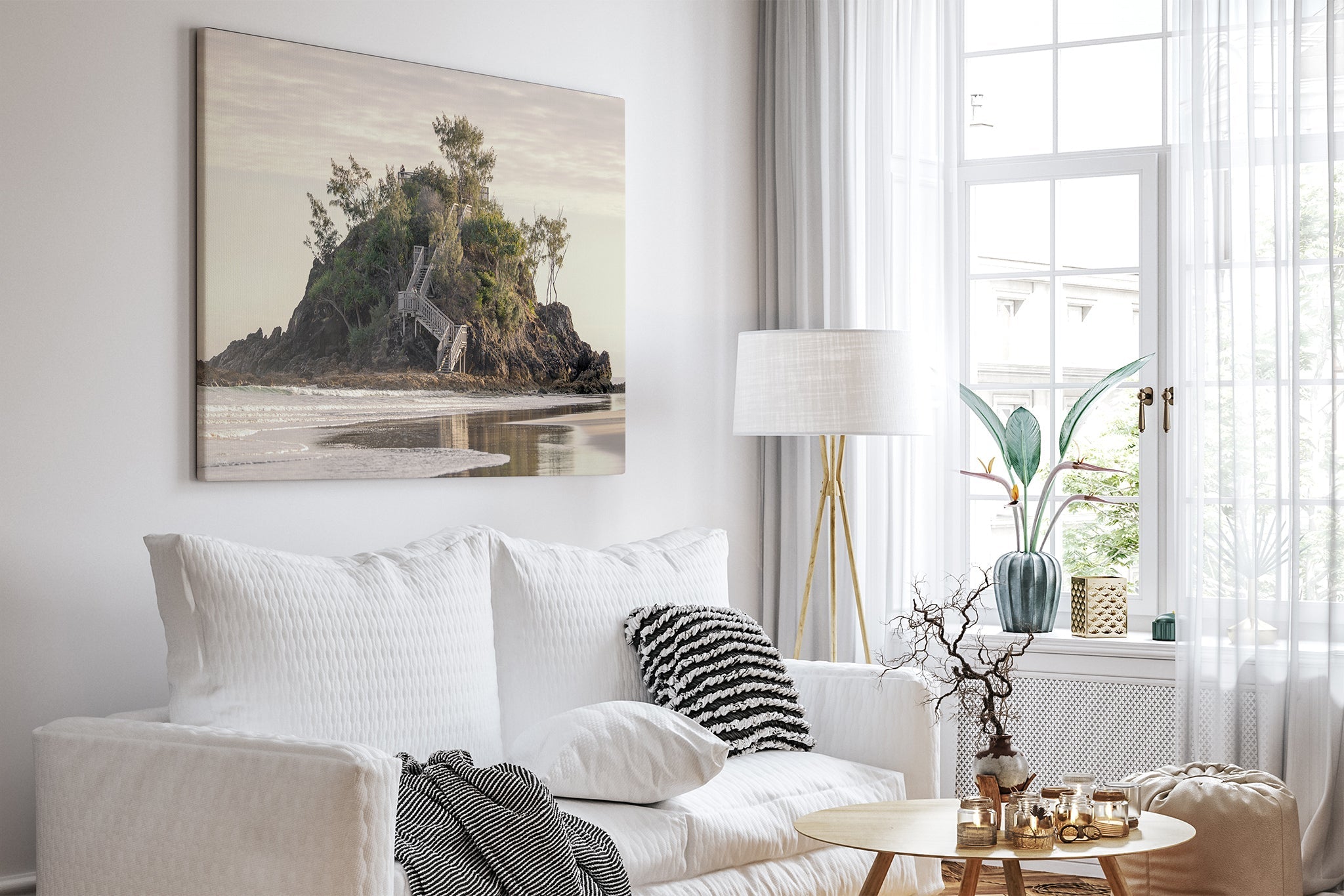 Golden Headland print shown as a canvas print in a white toned room.