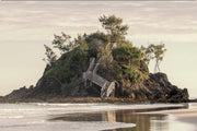 Wooden stairs wind up a pandanus covered headland at Byron Bay, warm light and still reflections on wet sand, a beach wall print.