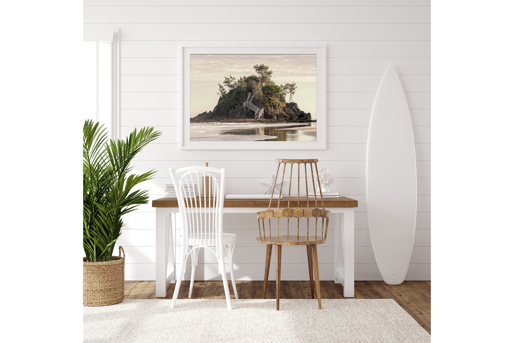 Golden Headland print shown in a surfboard shaped frame.