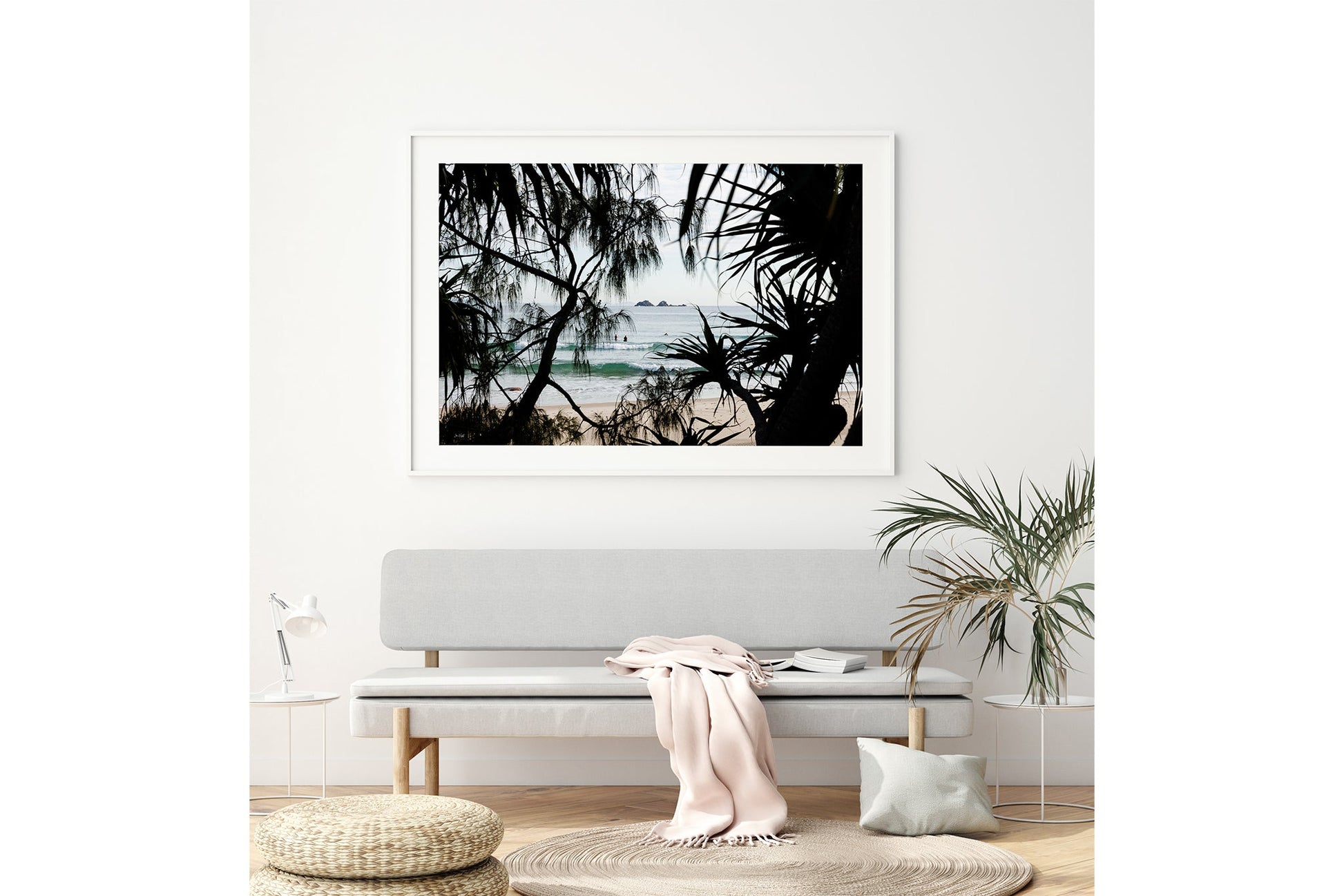 Framed Horizon print shown framed in white above a bench seat.