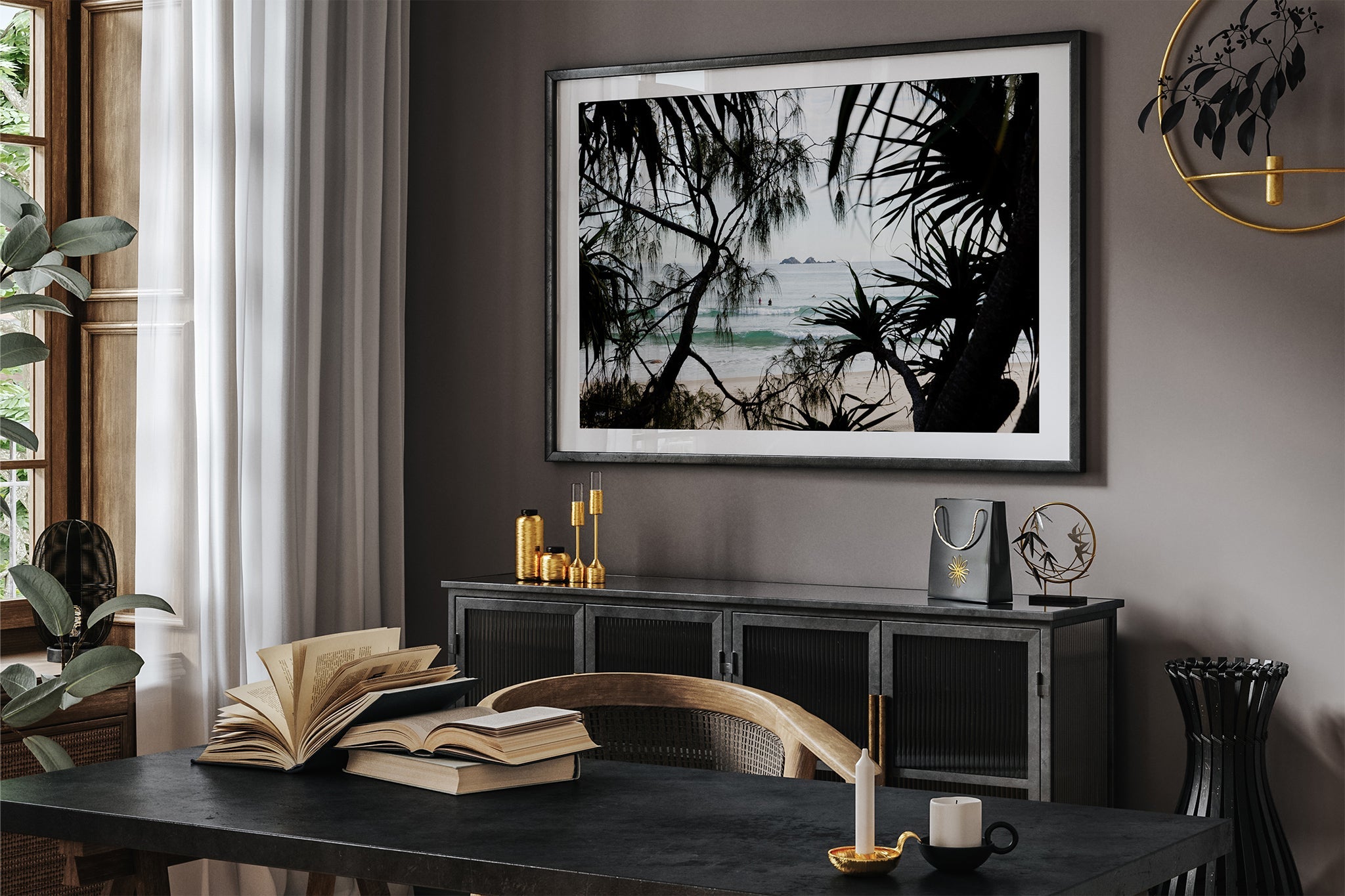 Framed Horizon print shown framed in black in a dark toned room.