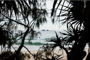 Two surfers wait beyond turquoise waves at Wategos Beach, Byron Bay, framed by casuarina and pandanus, a beach wall print.