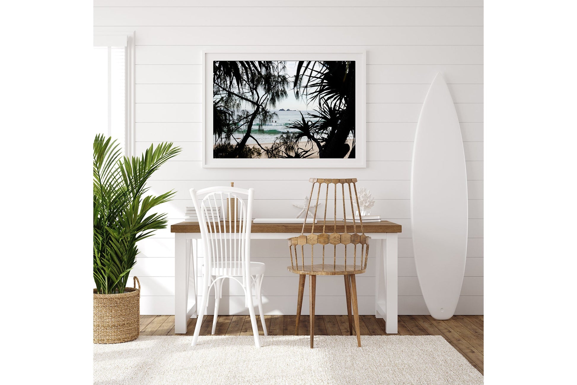 Framed Horizon print shown in a surfboard shaped frame.