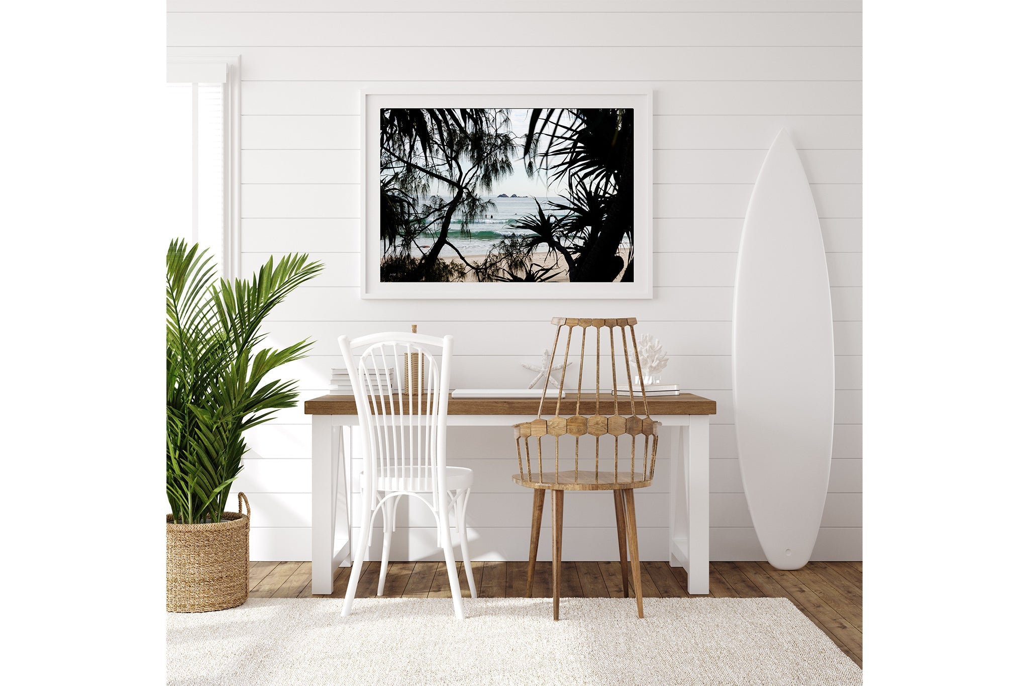 Framed Horizon print shown in a surfboard shaped frame.