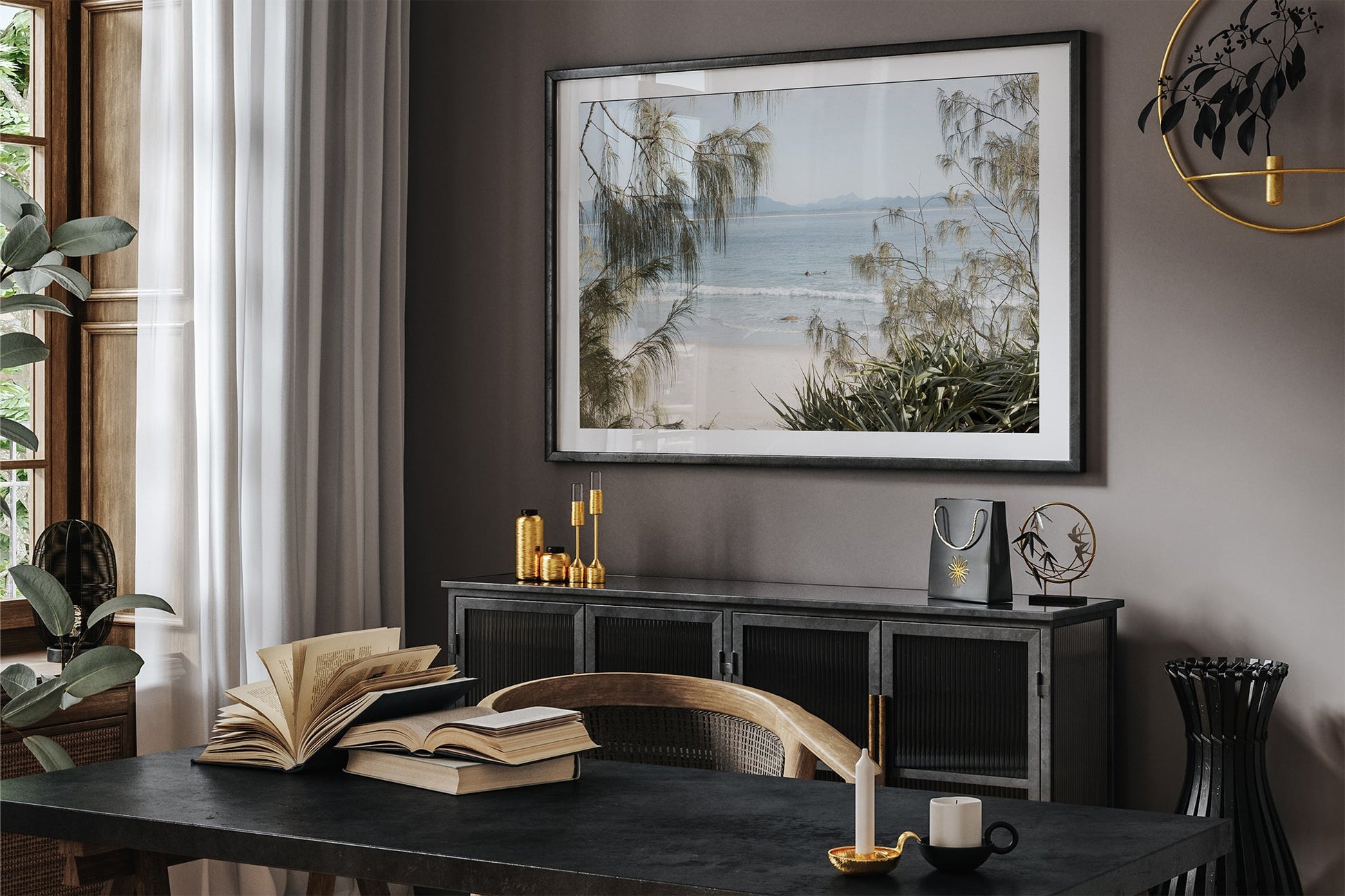 Hinterland Horizon print shown framed in black in a dark toned room.