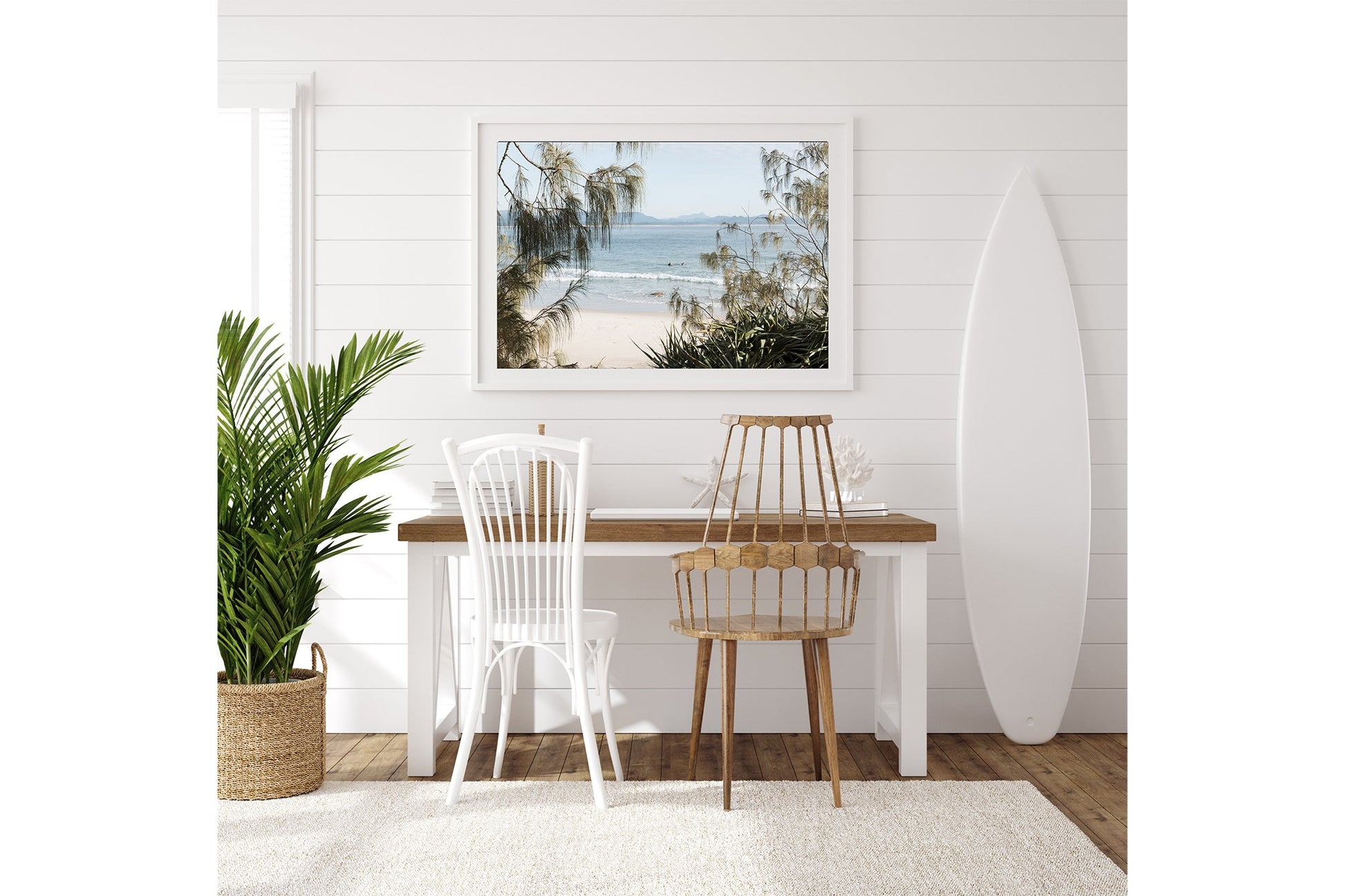 Hinterland Horizon print shown in a surfboard shaped frame.