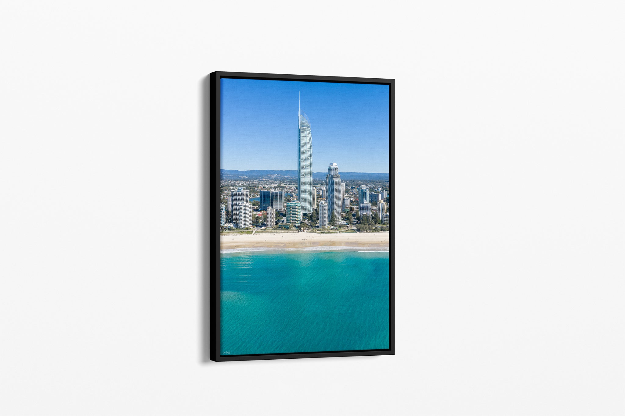The Coastal Heights print shown as a black float-frame canvas.