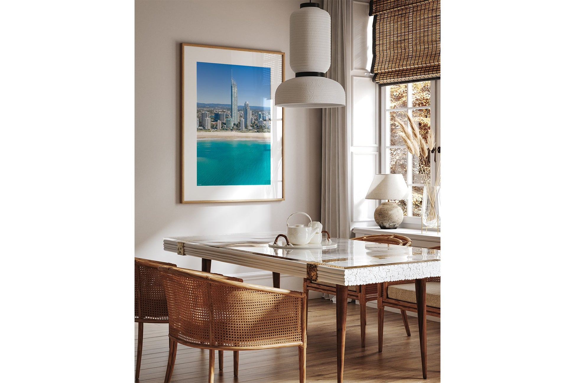 The Coastal Heights print shown framed in oak.