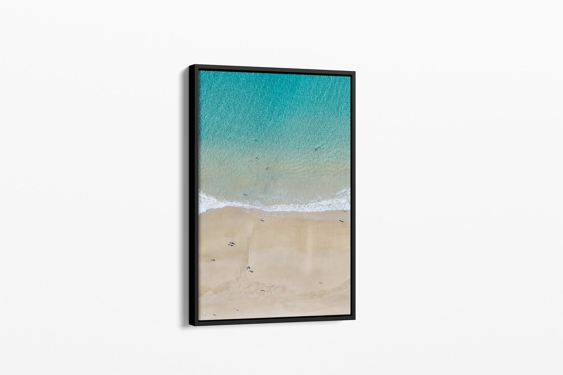 The Turquoise Shallows print shown as a black float-frame canvas.