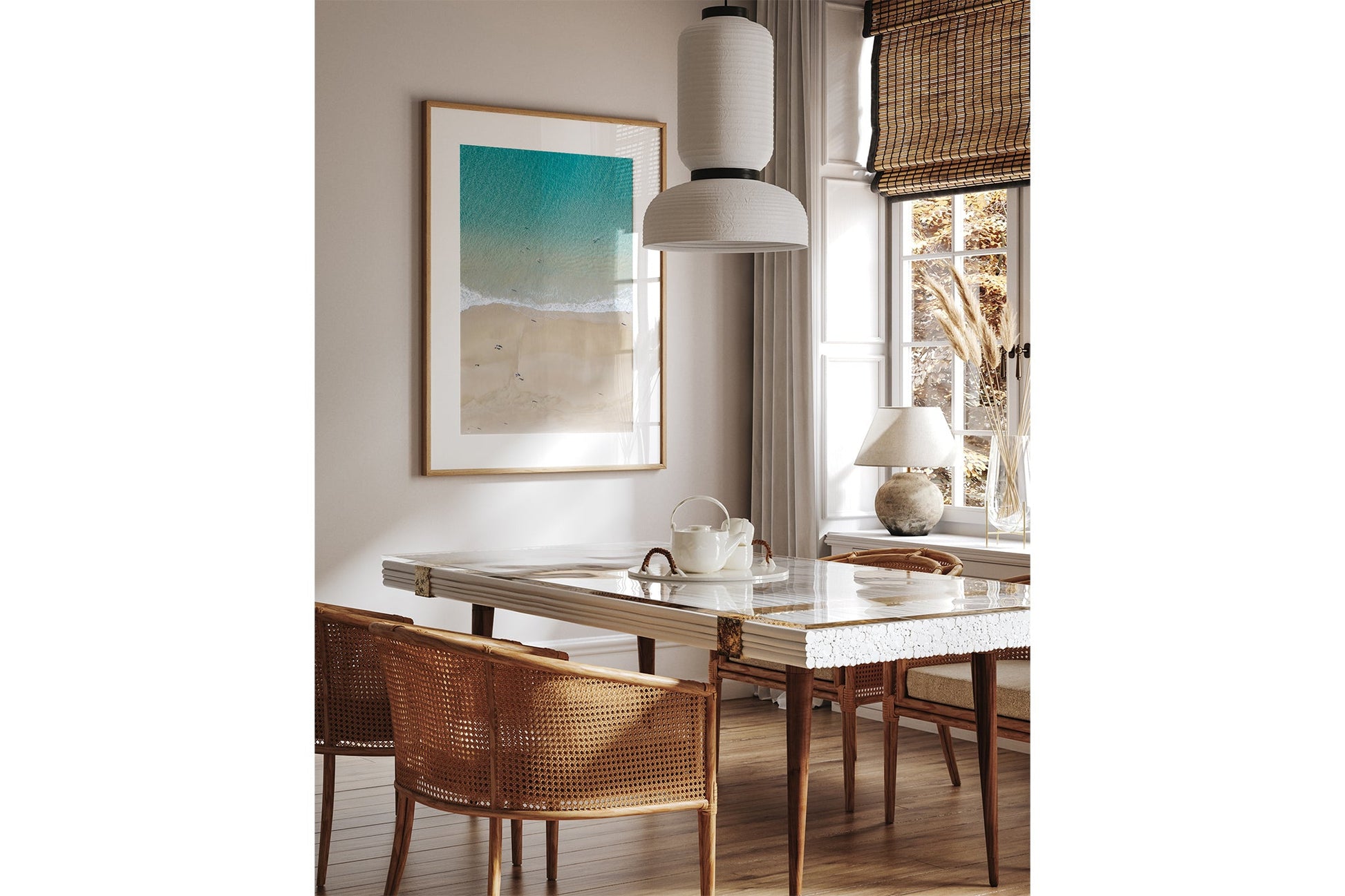 The Turquoise Shallows print shown framed in oak.