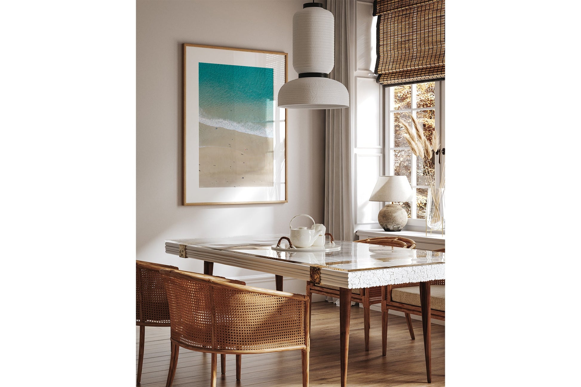 The Summer Shoreline print shown framed in oak.