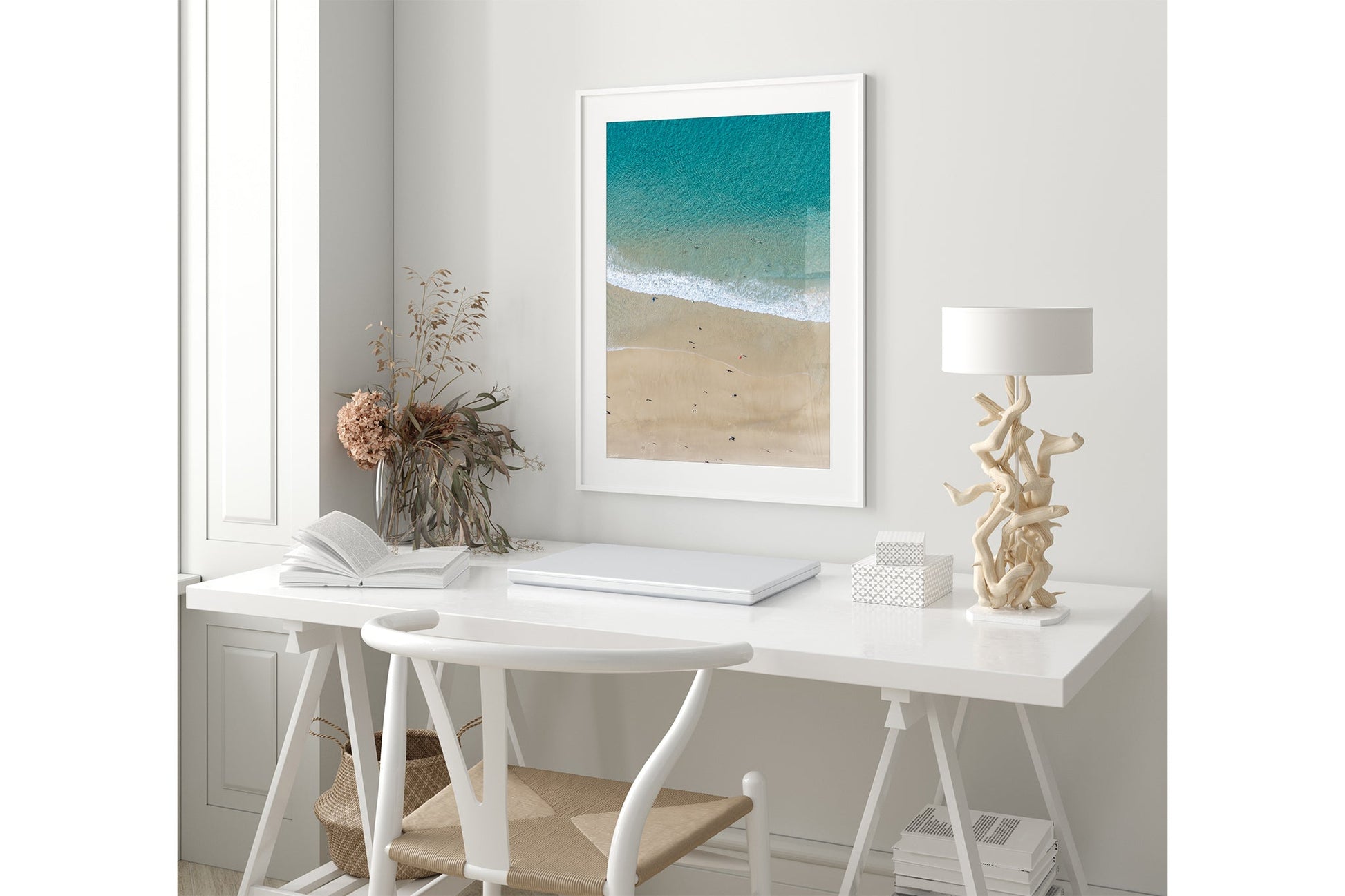 The Summer Shoreline print shown framed in white in a coastal-styled room.