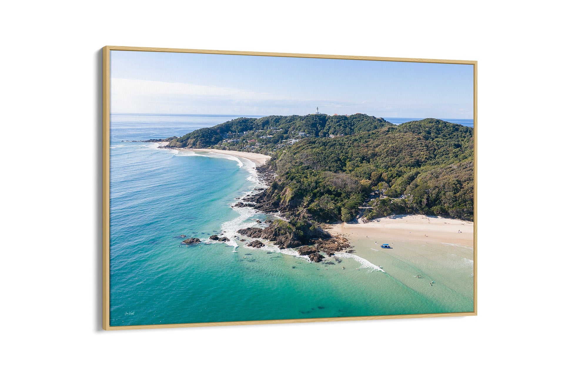 Cape Byron aerial print shown as an oak float frame canvas.