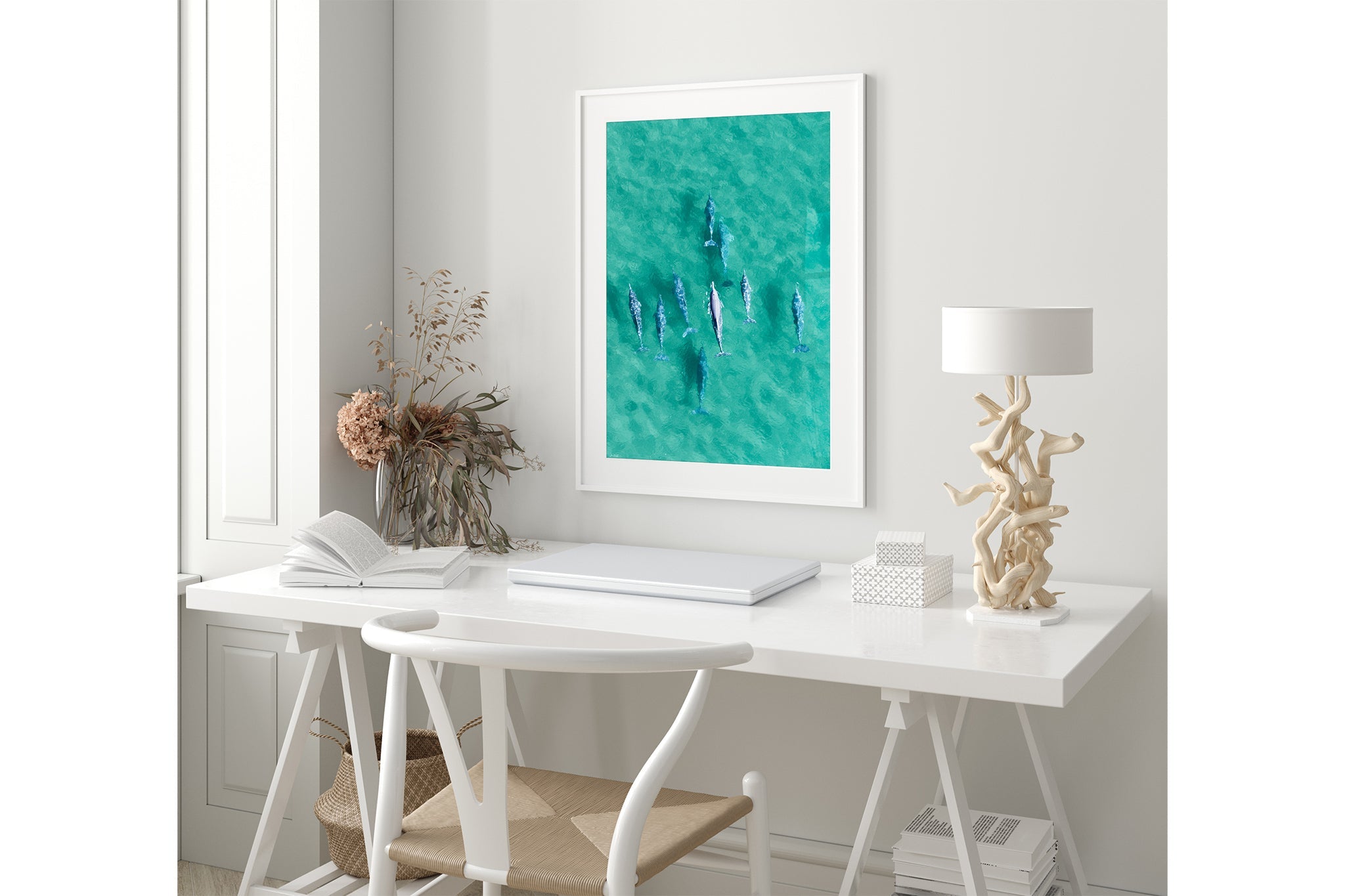 Moreton Bay dolphin print shown framed in white in a coastal styled room.