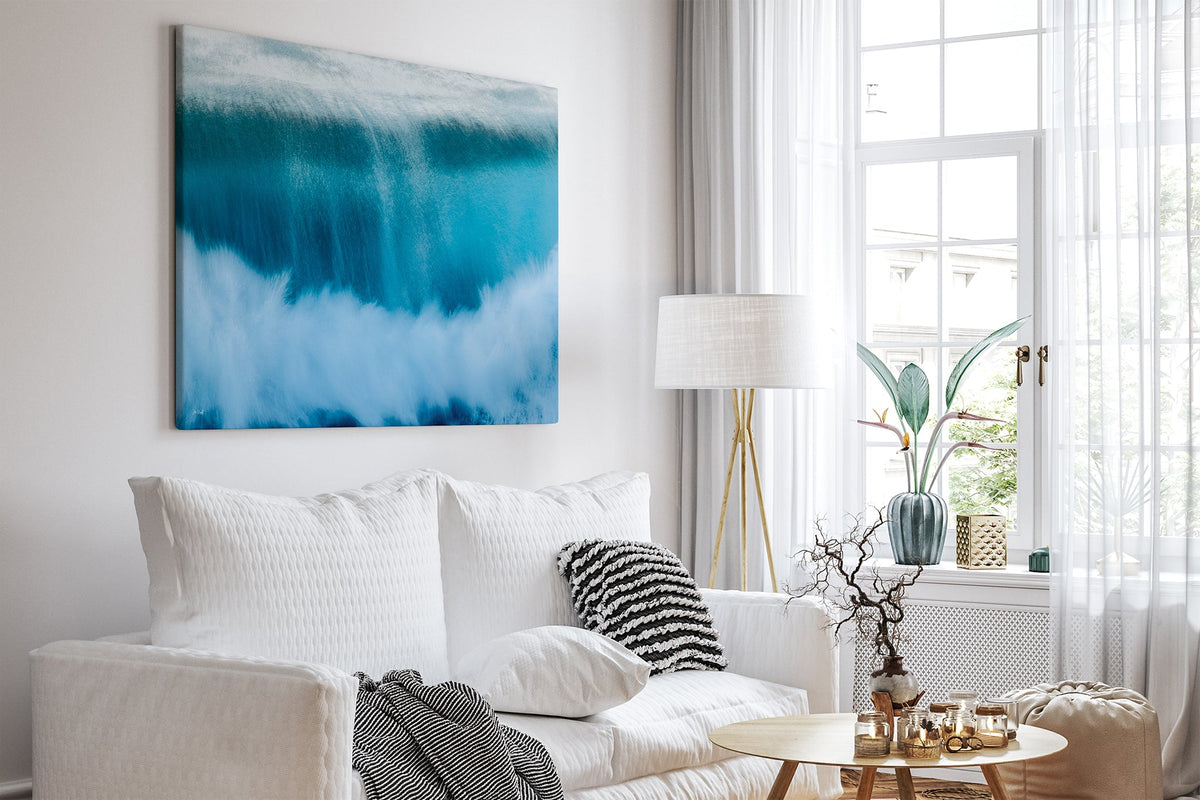 Deep Impact wave print shown as a canvas print in a white room.