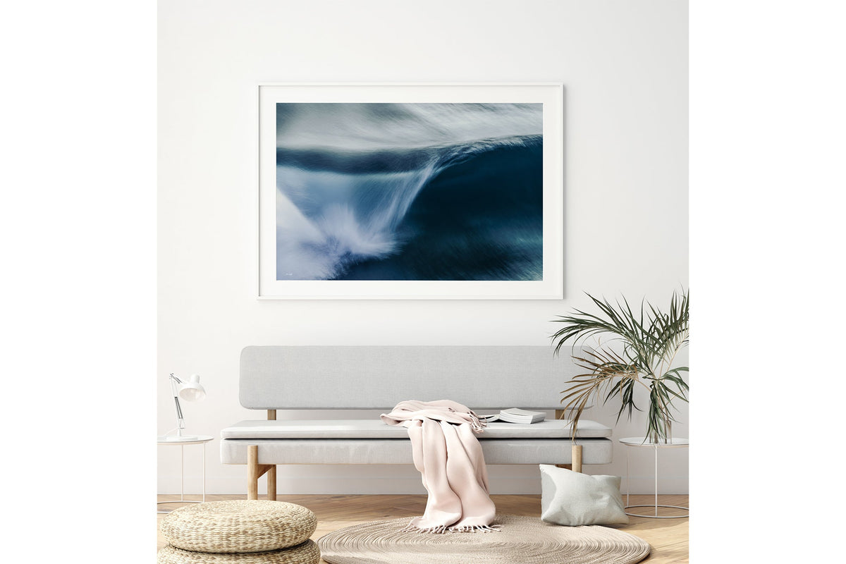 Impact Blur wave print shown framed in white above a bench seat.