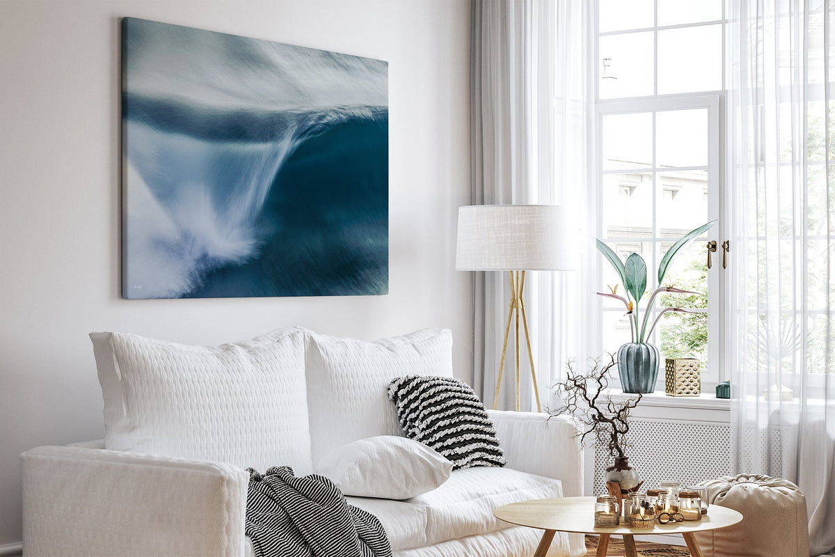Impact Blur wave print shown as a canvas print in a white room.