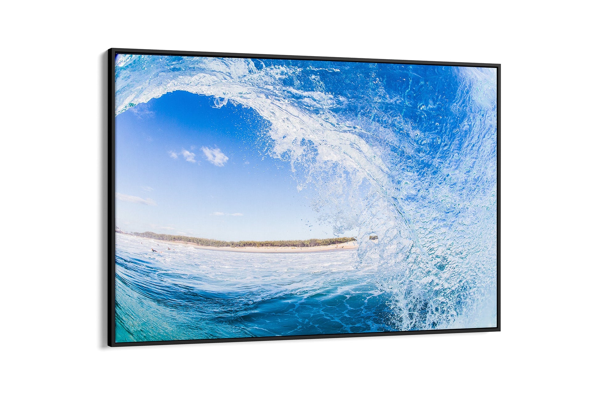 Blue barrel wave print shown as a canvas in a black float frame.