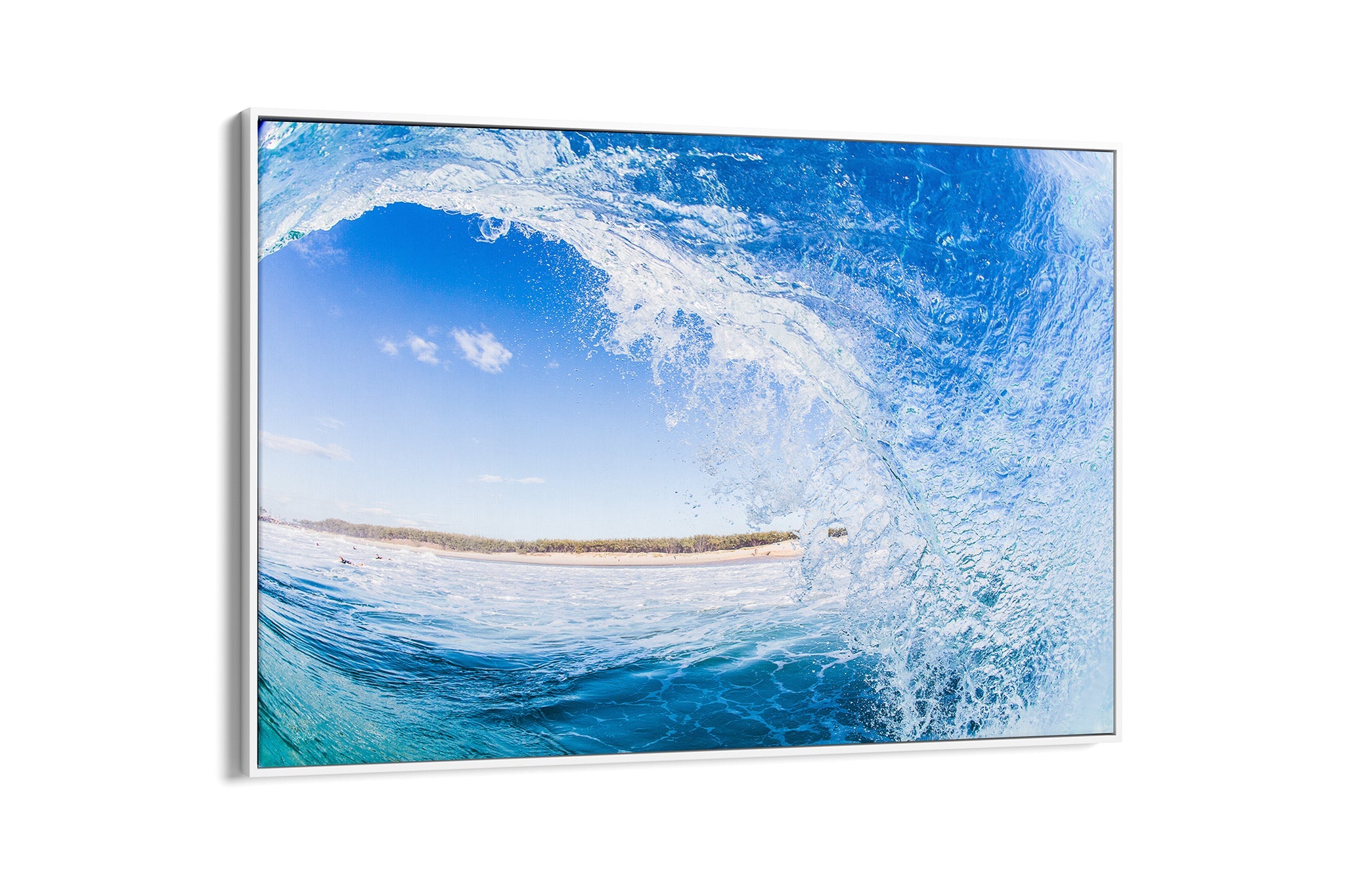 Blue barrel wave print shown as a canvas in a white float frame.