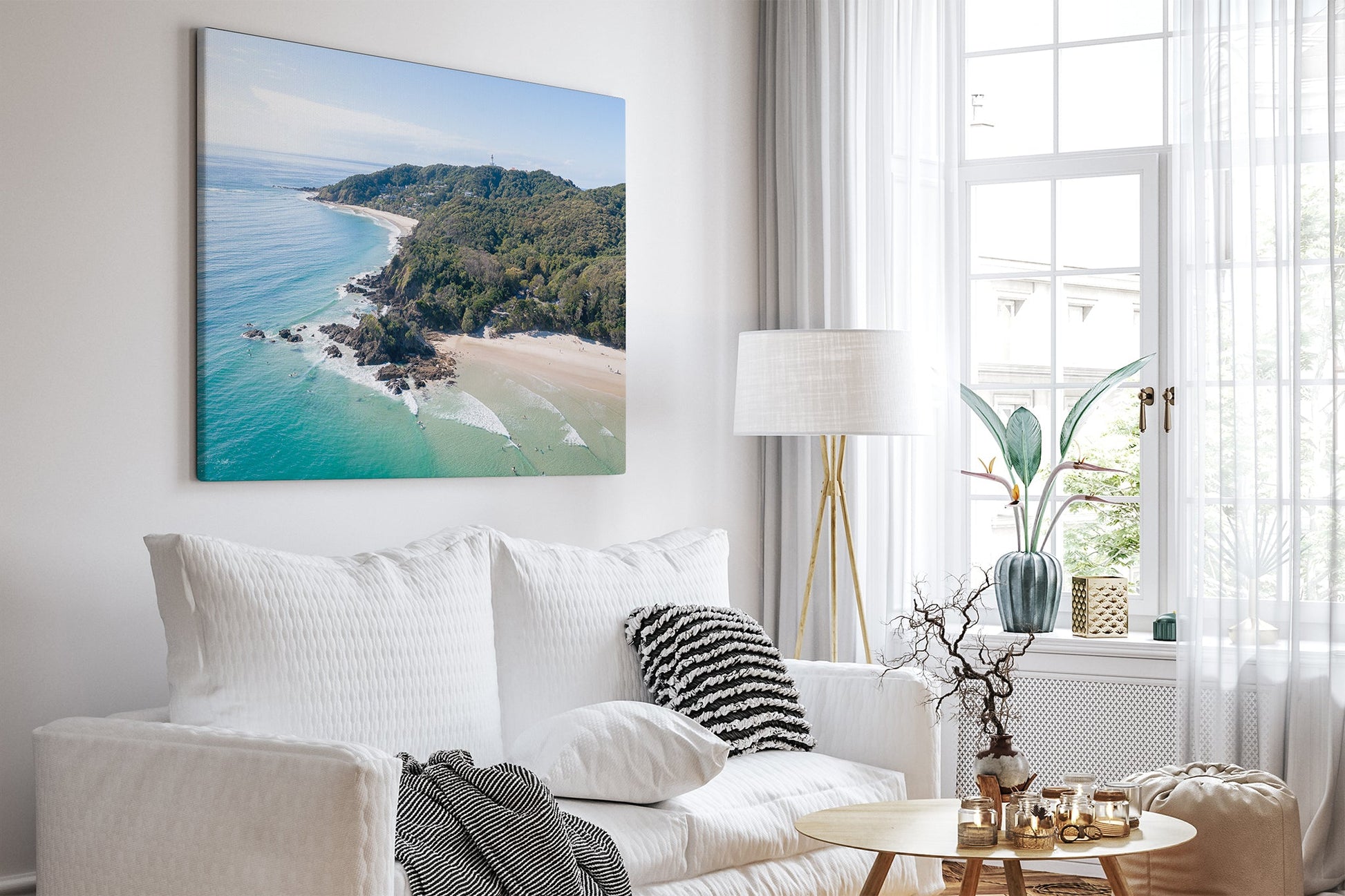 Lighthouse Point print shown as a canvas print in a white toned room.