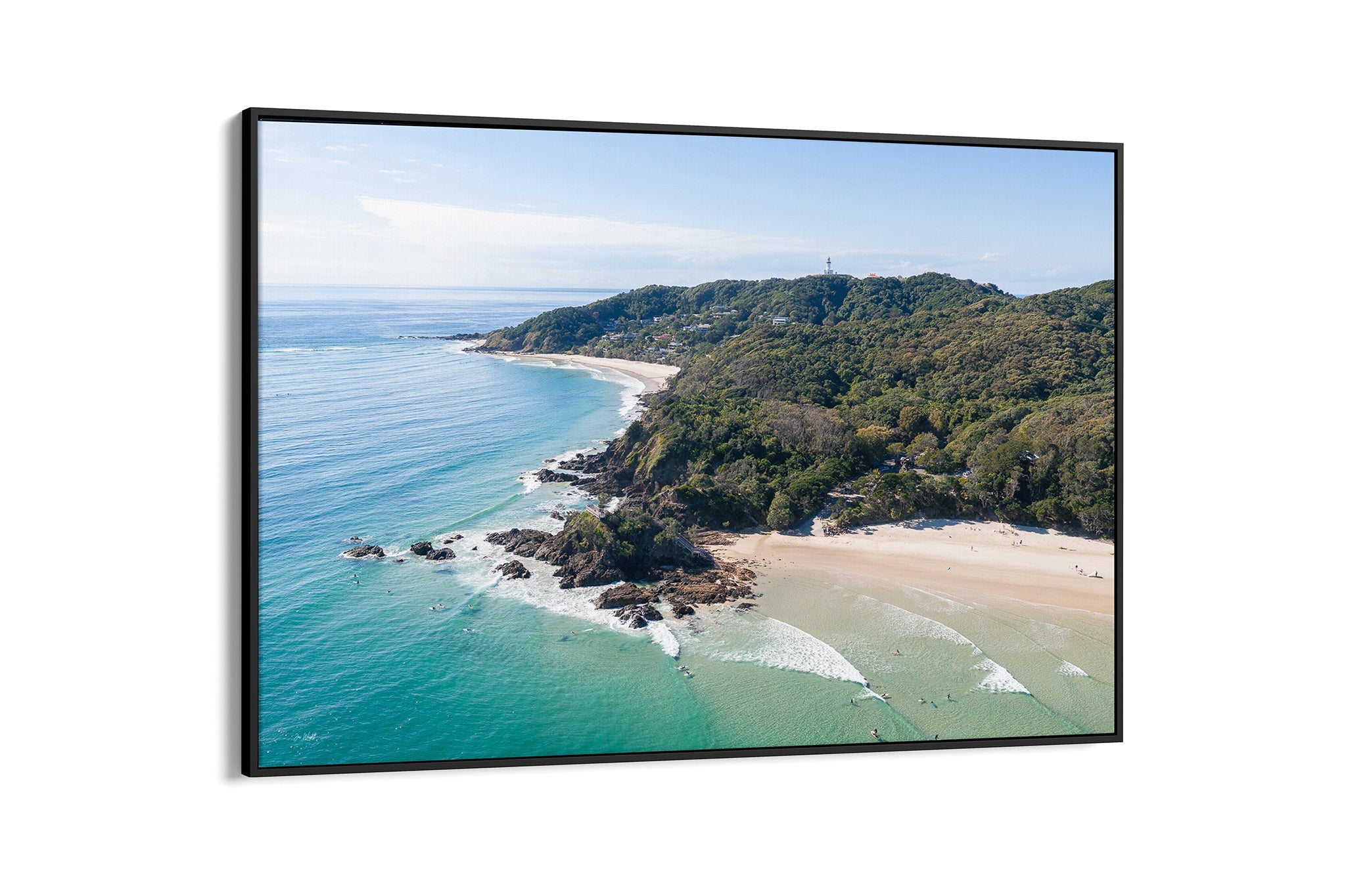 Lighthouse Point print shown as a black float frame canvas.