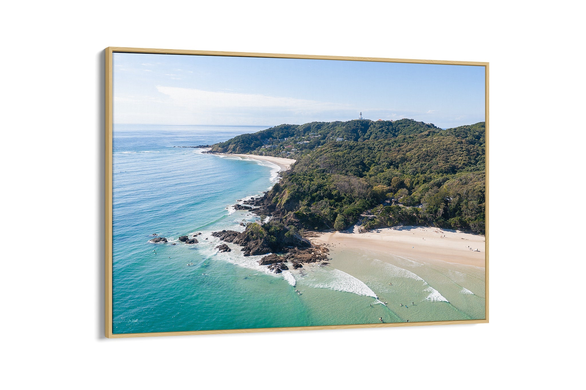 Lighthouse Point print shown as an oak float frame canvas.