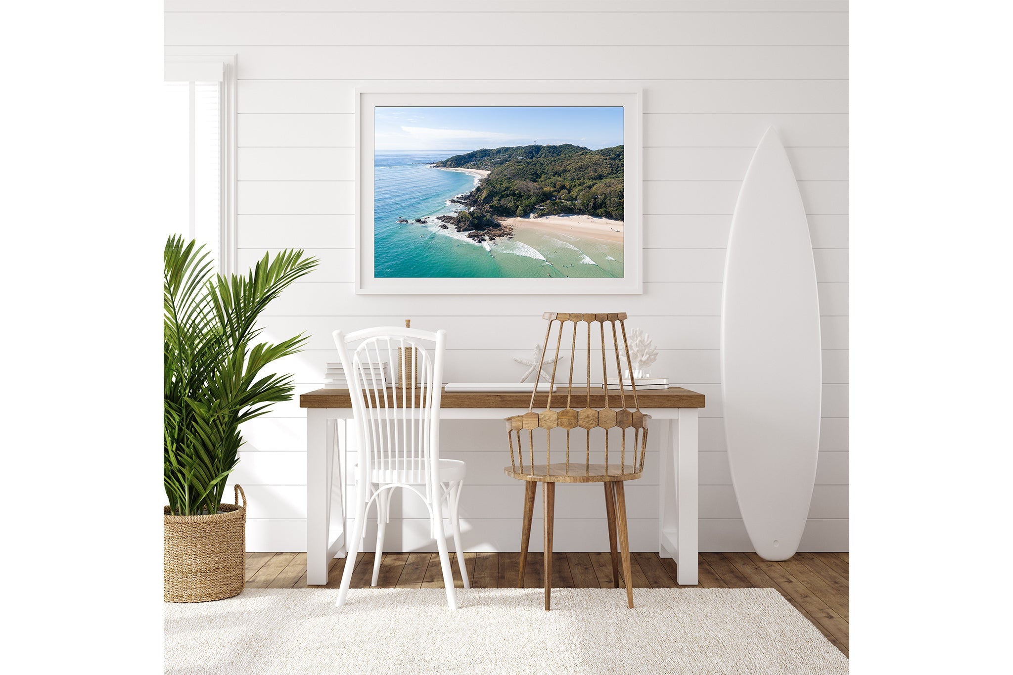 Lighthouse Point print shown in a surfboard shaped frame.