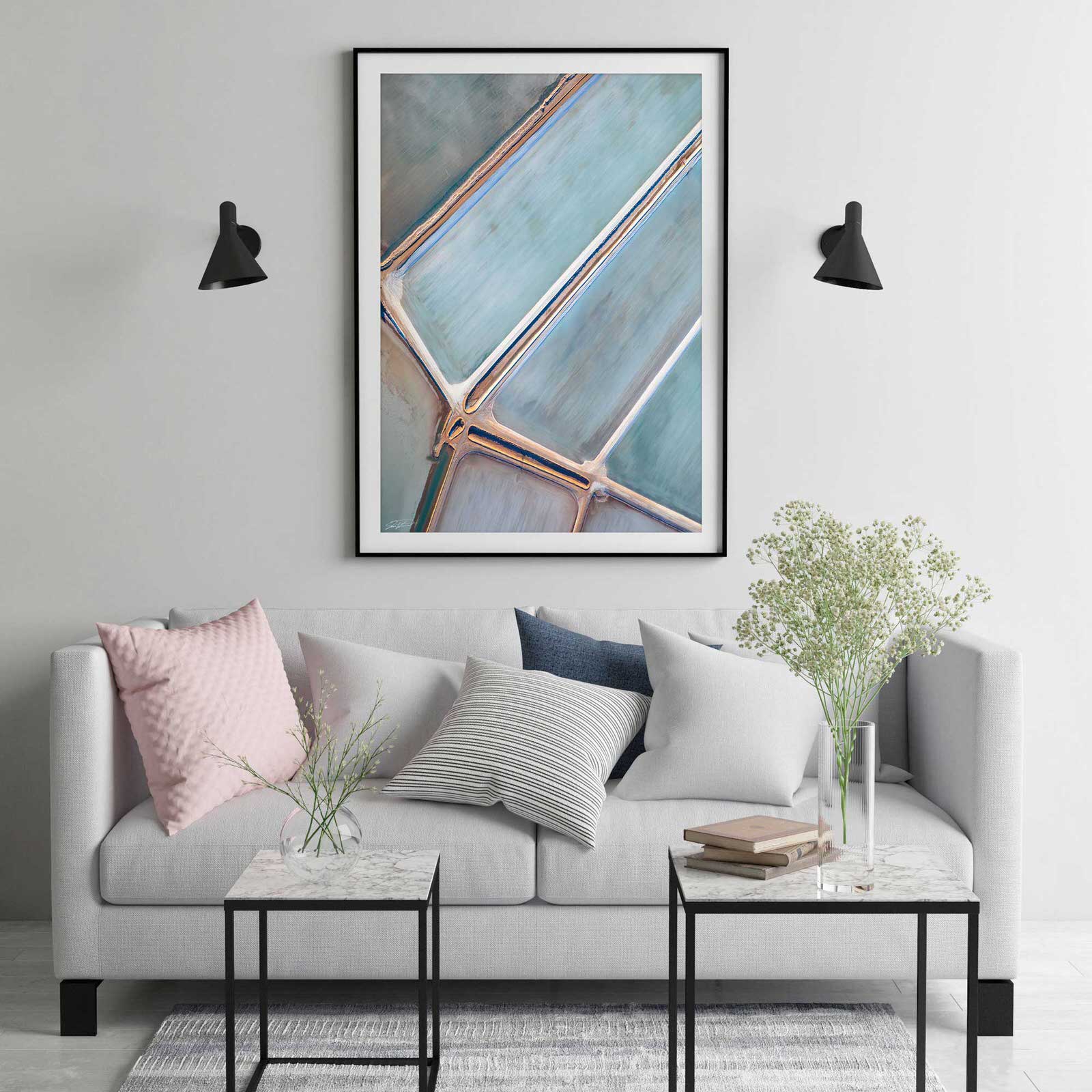 Framed abstract print in black frame and modern styling