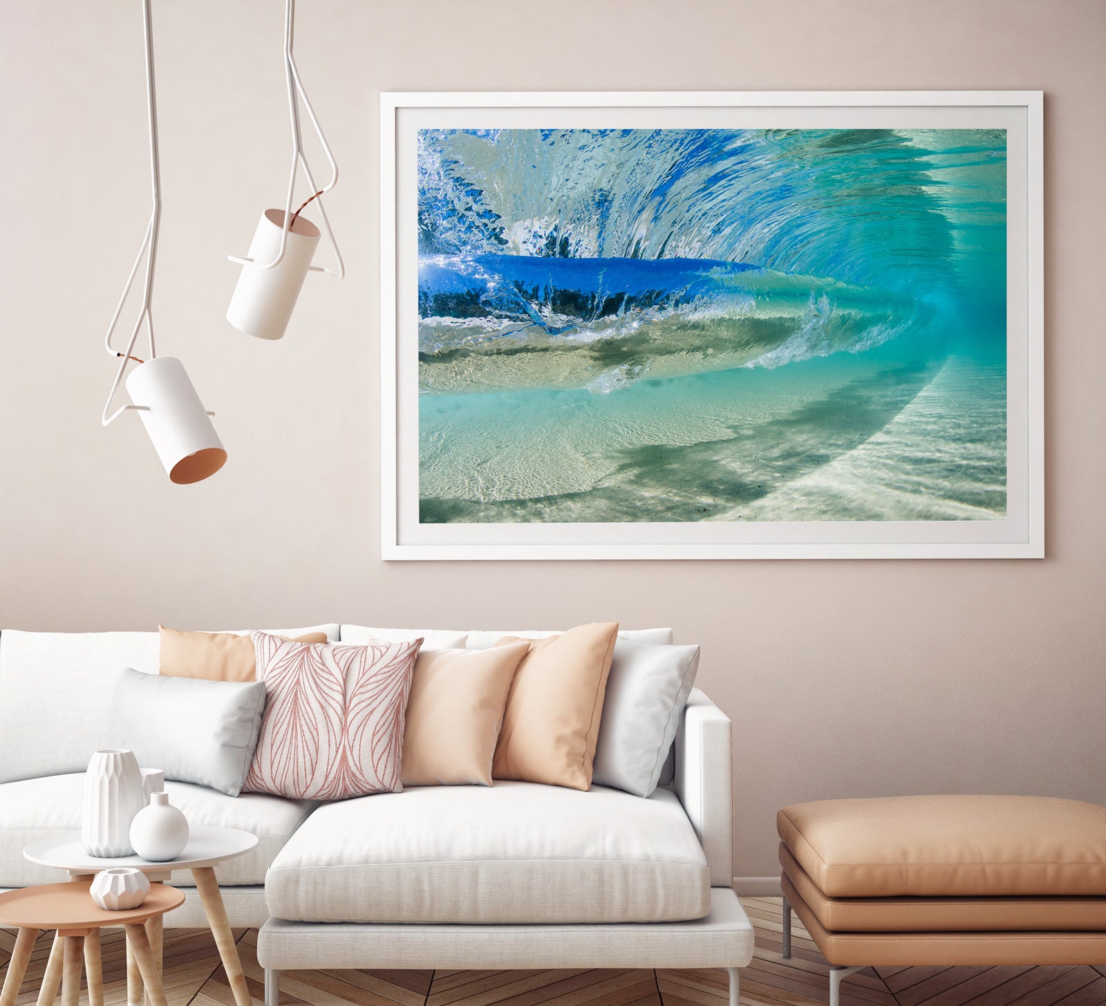 Underwater framed beach print in white frame
