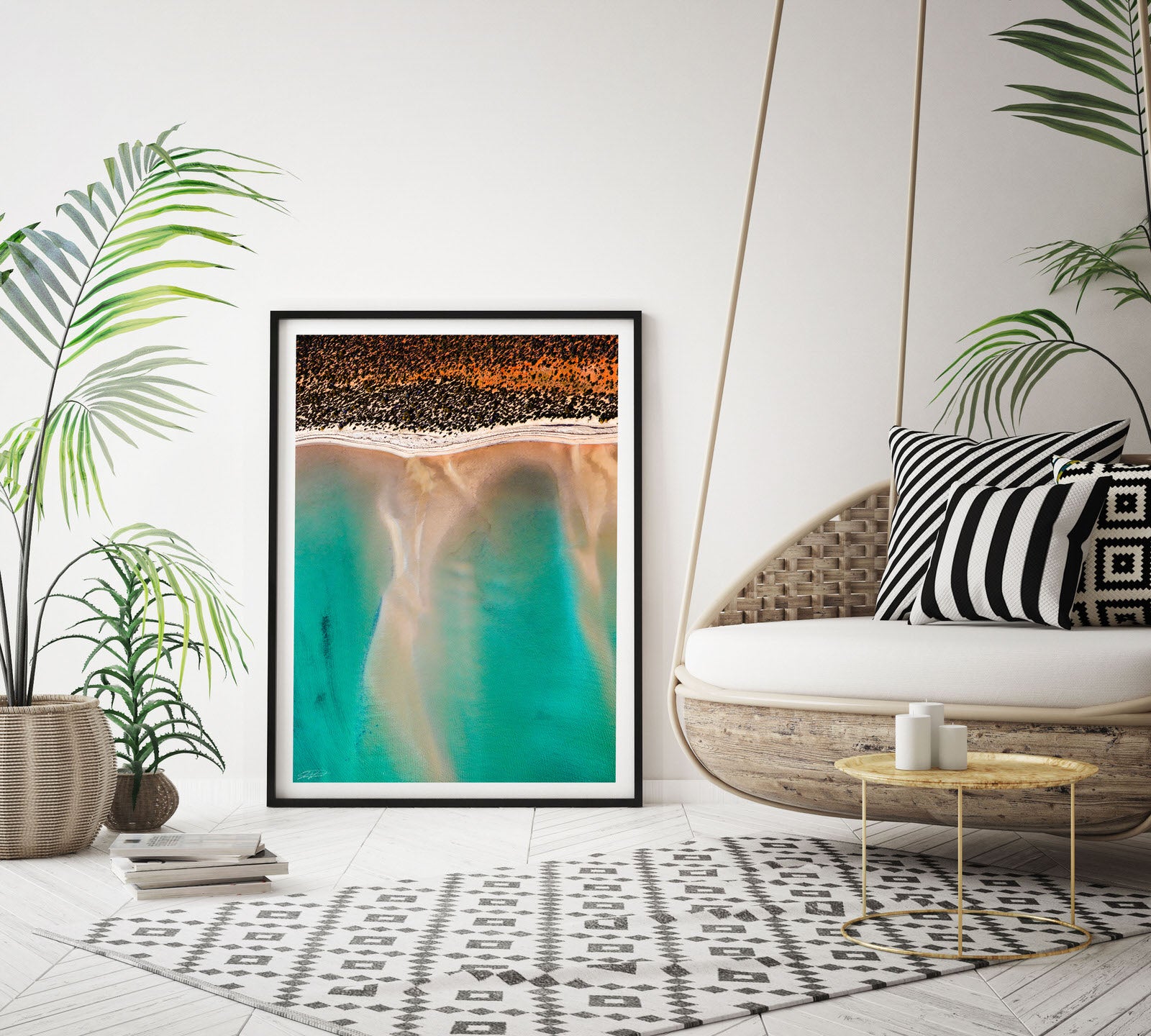 Framed abstract print with rug and palm tree styling