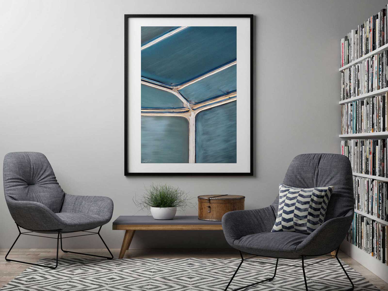 black framed wall print with abstract blue wall art 
