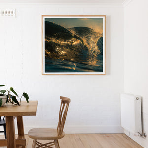 Square Oak Framed wall print with wave breaking black and gold
