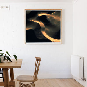 Black and gold abstract square wall art of sand dunes framed oak wood