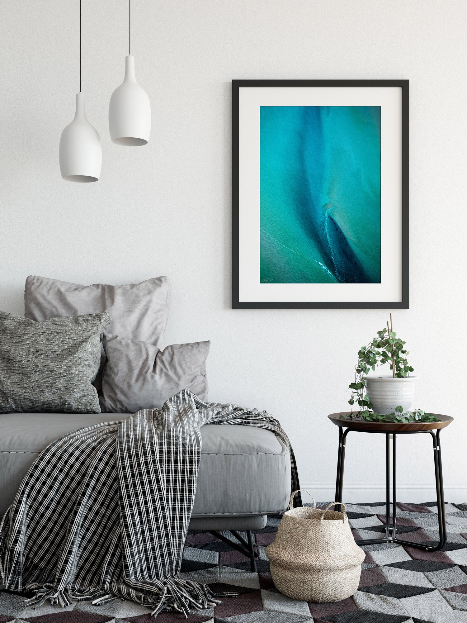 Blue and green abstract aerial wall art in black frame and modern styling