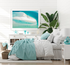 Turquoise framed print in a white frame bedroom